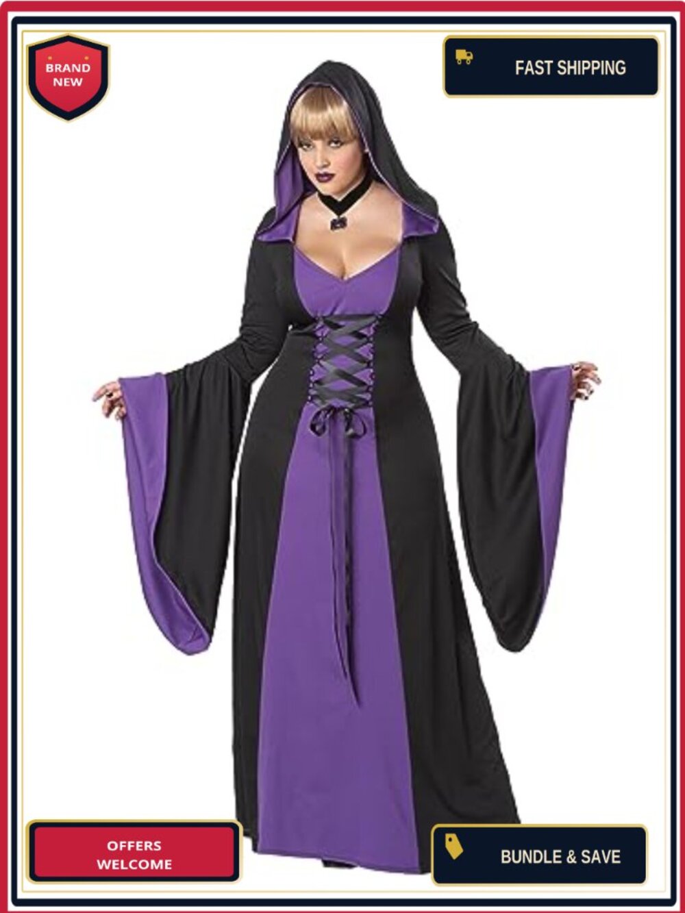 Plus Size Hooded Robe Costume Bell Sleeves Lace Up Medieval